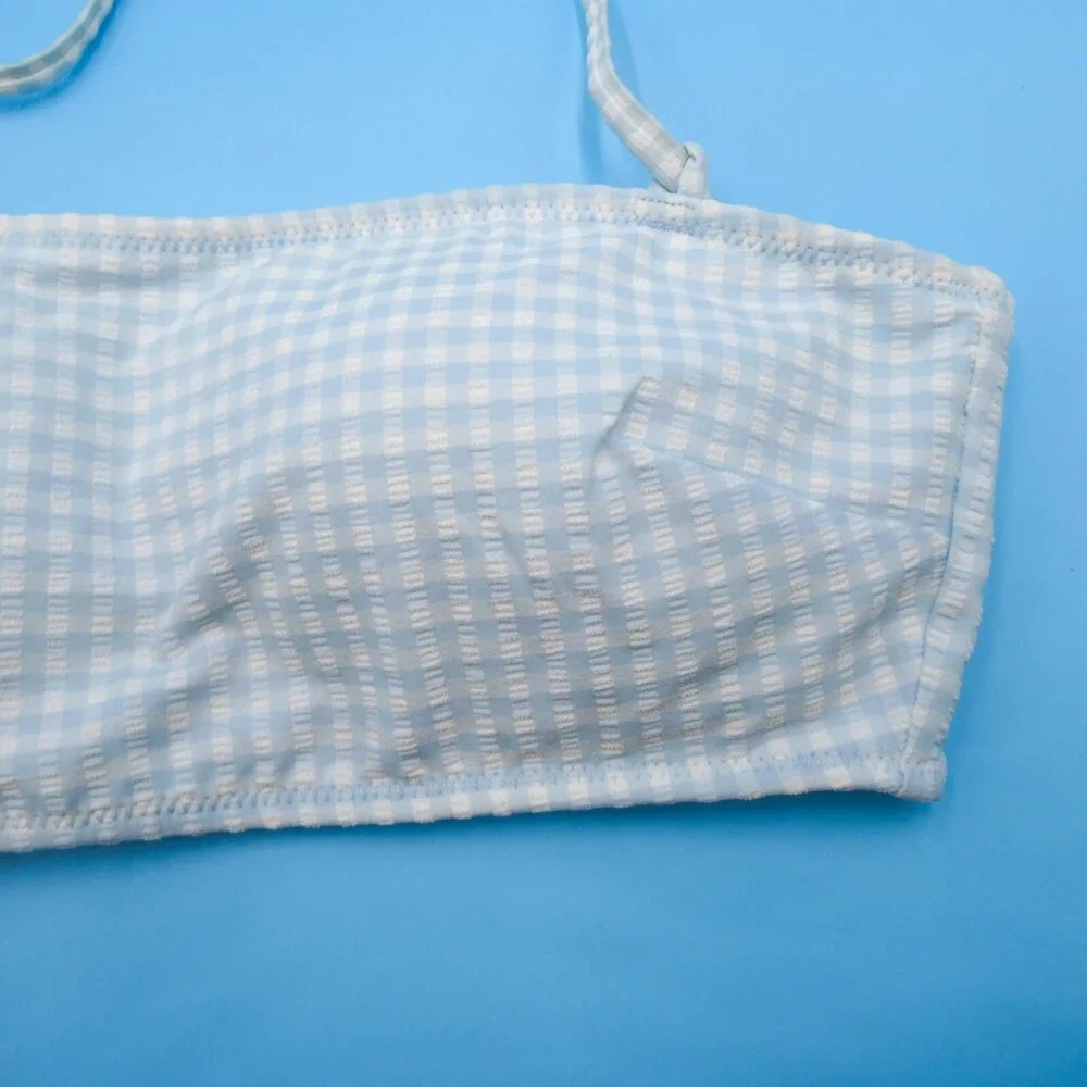 Victorias Secret Small White Blue Check Padded Halter Bikini Top Ribbed Swimwear